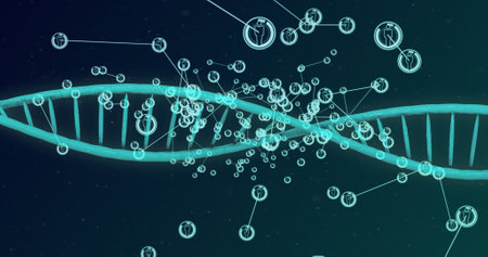 Image of dna strand and network of connections with icons. Global science, connections, computing...
