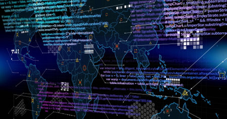 Image of digital data processing over world map. Global connections, computing and data processing...