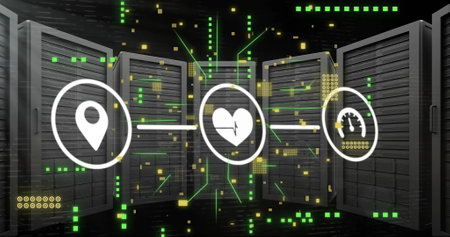 Image of network of connections with icons and computer circuit board over servers. Global technology, computing, connections and digital interface concept digitally generated image.の写真素材