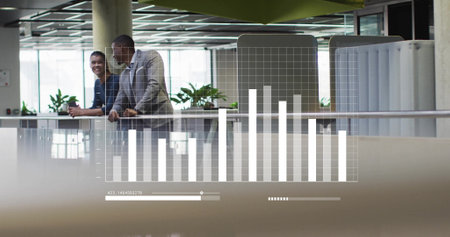 Image of financial data processing over diverse business people in office. Global finance, business, connections, computing and data processing concept digitally generated image.の写真素材