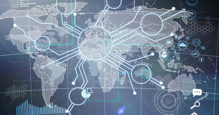 Image of network of connections over world map and media icons. Global technology and digital...