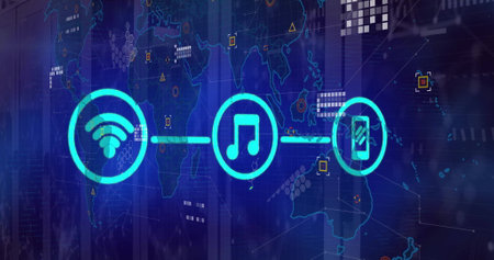 Image of media icons over world map and server room. Global technology and digital interface concept...
