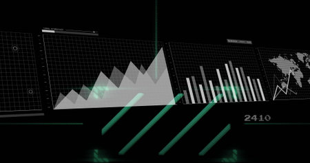 Image of digital data processing over dark background. Global connections, computing and data processing concept digitally generated image.の写真素材