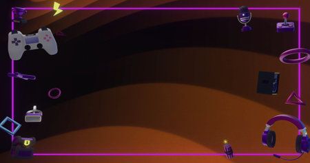 Image of game controllers, shapes, icons and pink frame over flashing orange stripes. Connection,...