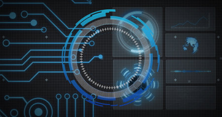 Image of motherboard network and circular scanner processing, over charts and globe on black....