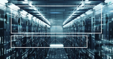 Image of digital data processing over computer servers. Global connections, computing and data processing concept digitally generated image.の写真素材