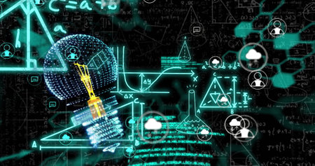 Image of light bulb with icons over mathematical equations on blue background. Global technology,...