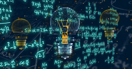 Image of light bulbs over mathematical equations on blue background. Global technology, science,...