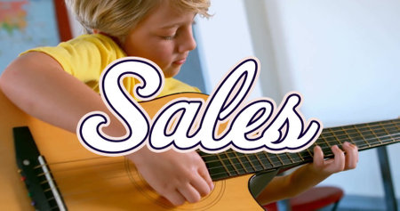 Image of sales text over caucasian boy playing guitar. Sales, shopping and retail concept digitally...