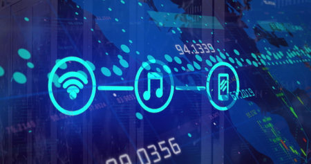 Image of media icons and data processing over world map and server room. Global technology and...