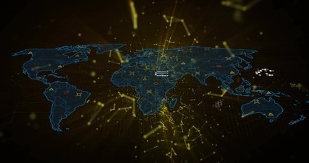 Image of network of connections over world map. Global connections, computing and data processing concept digitally generated image.の写真素材