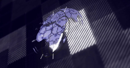 Rotating globe with data points and circular graph image over dark background. Global, analytics,...