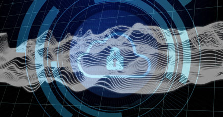 Image of digital data processing over cloud and padlock icon. Global cyber online, connections, cloud computing and data processing concept digitally generated image.の写真素材