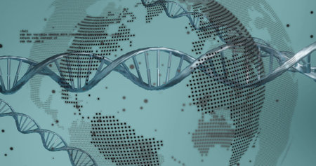 Image of dna strand, scientific data processing over globe spinning. Global science, connections,...