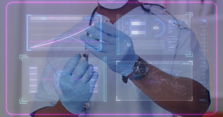 Image of data processing and world map over biracial male doctor preparing vaccine. Technology, medicine and digital interface concept digitally generated image.の写真素材
