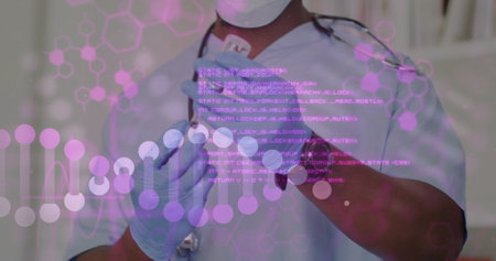 Image of data processing and dna strand over biracial male doctor holding vaccine. Technology, medicine and digital interface concept digitally generated image.の写真素材