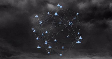 Image of network of connections with icons over storm. Technology, social media and digital interface concept digitally generated image.の写真素材