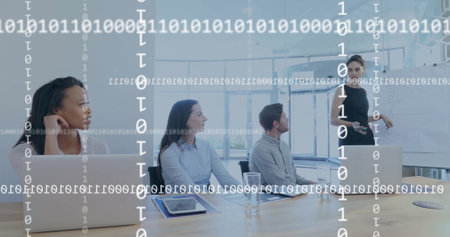 Image of data processing over diverse colleagues talking in office. Business, technology and digital...