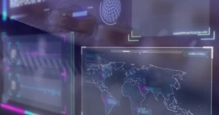Image of data processing and world map over pills. Technology, medicine and digital interface concept digitally generated image.の写真素材