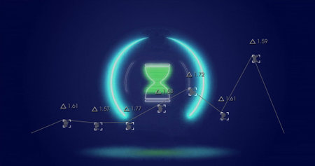 Image of data processing and hourglass on blue background. Technology, social media and digital...