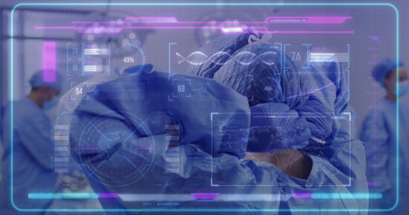 Image of data processing and dna strand over diverse surgeons wearing face masks. Technology,...
