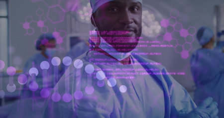 Image of data processing and dna strand over diverse surgeons wearing face masks. Technology, medicine and digital interface concept digitally generated image.の写真素材