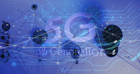 Image of 5g text, network of connections and data processing over blue background. Global...