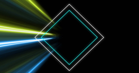 Image of light trails and neon pattern over black background. global cyber shopping, sales, digital interface, communication, computing and data processing concept digitally generated image.の写真素材