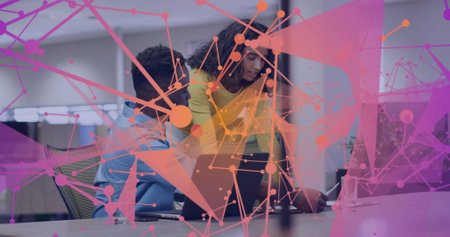 Image of connections over diverse business people working together in office. Global finance,...