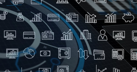 Image of grid of business icons over circular scanner processing data on black background. Network, data, digital interface, finance, processing and communication, digitally generated image.の写真素材