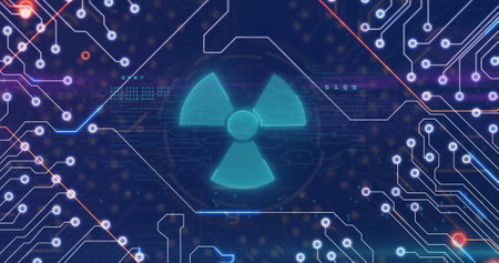 Image of digital data processing over circuit board on blue background. Global connections, computing and data processing concept digitally generated image.の写真素材