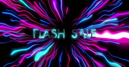 Image of flash sale text over neon pattern background. Global cyber shopping, sales, digital interface, communication, computing and data processing concept digitally generated image.の写真素材