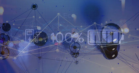 Image of battery charge, network of connections and data processing over blue background. Global...