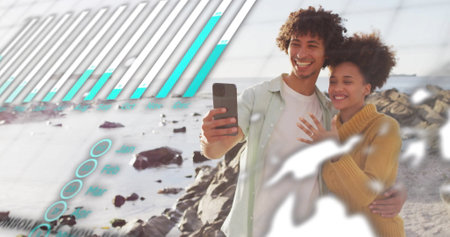 Image of data processing over african american couple using smartphone on beach. Global technology,...