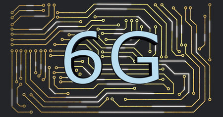 Image of 6g text, digital data processing over computer circuit board. Global connections, computing...