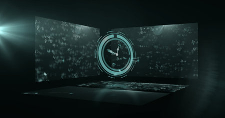 Clock and mathematical formulas image over dark background. Time, mathematics, science, physics, algebra, calculusの写真素材