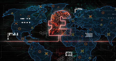 Image of pound sign, world map and digital data processing over circuit board. Global connections, computing and data processing concept digitally generated image.の写真素材
