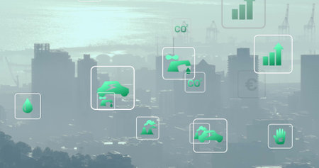 Image of network of eco icons over cityscape. Global environment, connections, computing and data...