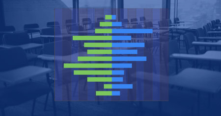 Image of financial data processing over computers on desks in office and blue background. Global...