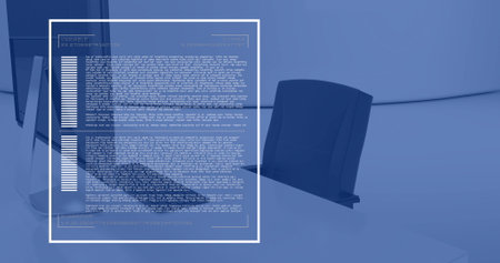 Image of financial data processing over computer on desk in office and blue background. Global connections, computing and data processing concept digitally generated image.の写真素材