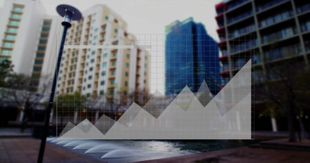 Image of digital data processing over cityscape. Global connections, computing and data processing concept digitally generated image.の写真素材