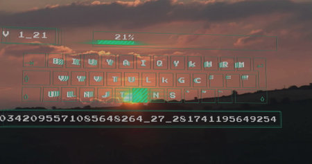 Image of digital data processing over landscape at sunset. Global connections, computing and data...