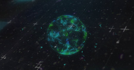 Image of data processing and network of connections over globe. Global connections, computing and data processing concept digitally generated image.の写真素材