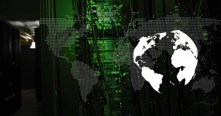 World map image over green-lit server room with network cables. Technology, data, connectivity,...