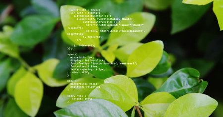 Image of data processing over green plants. Business, nature and digital interface concept digitally...
