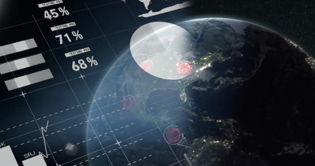Image of financial data processing over globe. Global finance, business, connections, computing and...