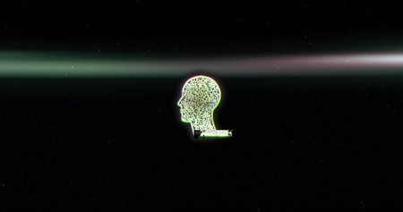 Human head silhouette with digital code image over dark abstract background. Technology, futuristic, cyber, virtual, artificial intelligence, AIの写真素材