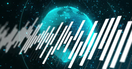 Digital data bars image over rotating Earth hologram. Technology, futuristic, global, network,...