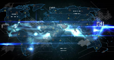 Image of data processing and world map over lights on black background. global finance, business,...