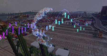 Image of financial data processing over sea port and globe. Global shipping, business, connections, computing and data processing concept digitally generated image.の写真素材